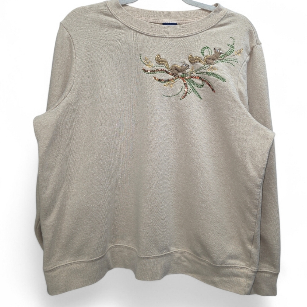 Basic Editions Cream Embroidered Squirrel Sweatshirt‎ 1X Cozy Sequin Detail Soft